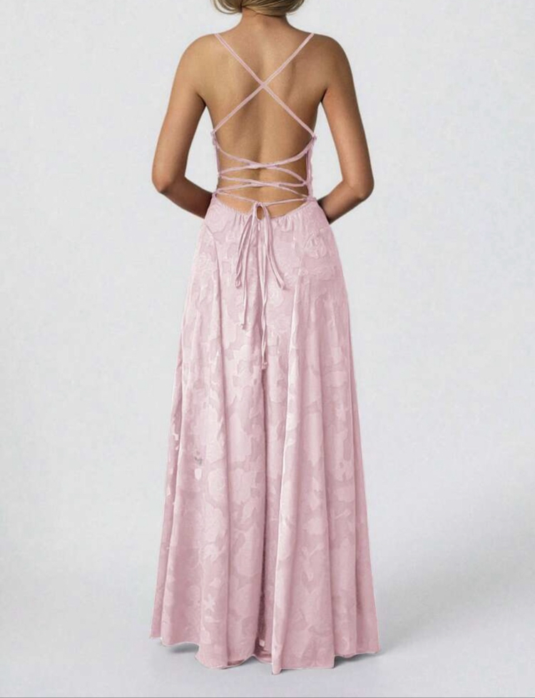 Elegant Lace Up Waist Backless Uzun Elbise - Pembe
