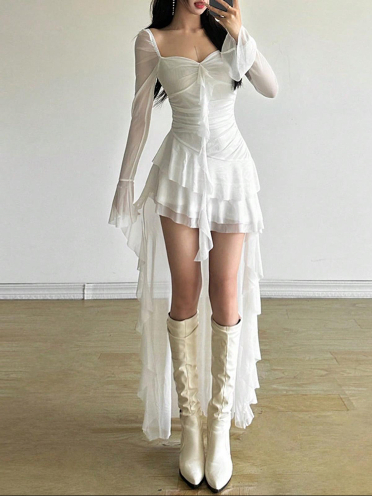 Coquette Sleeve Asimetrik Beyaz Elbise