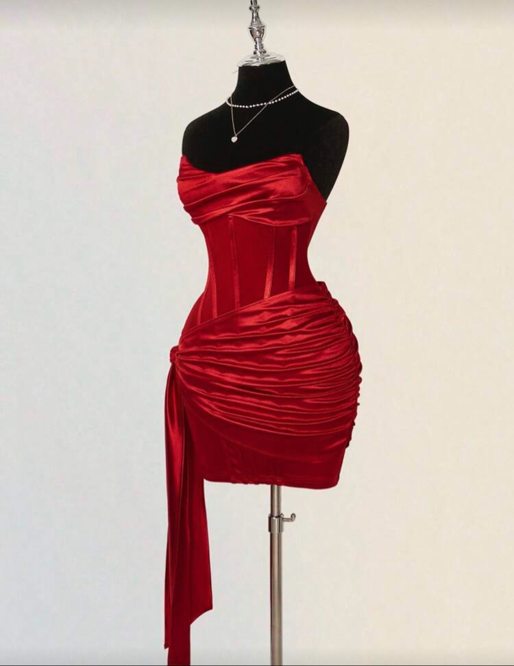 Elegant Korseli Saten İnfamous Elbise - Kırmızı