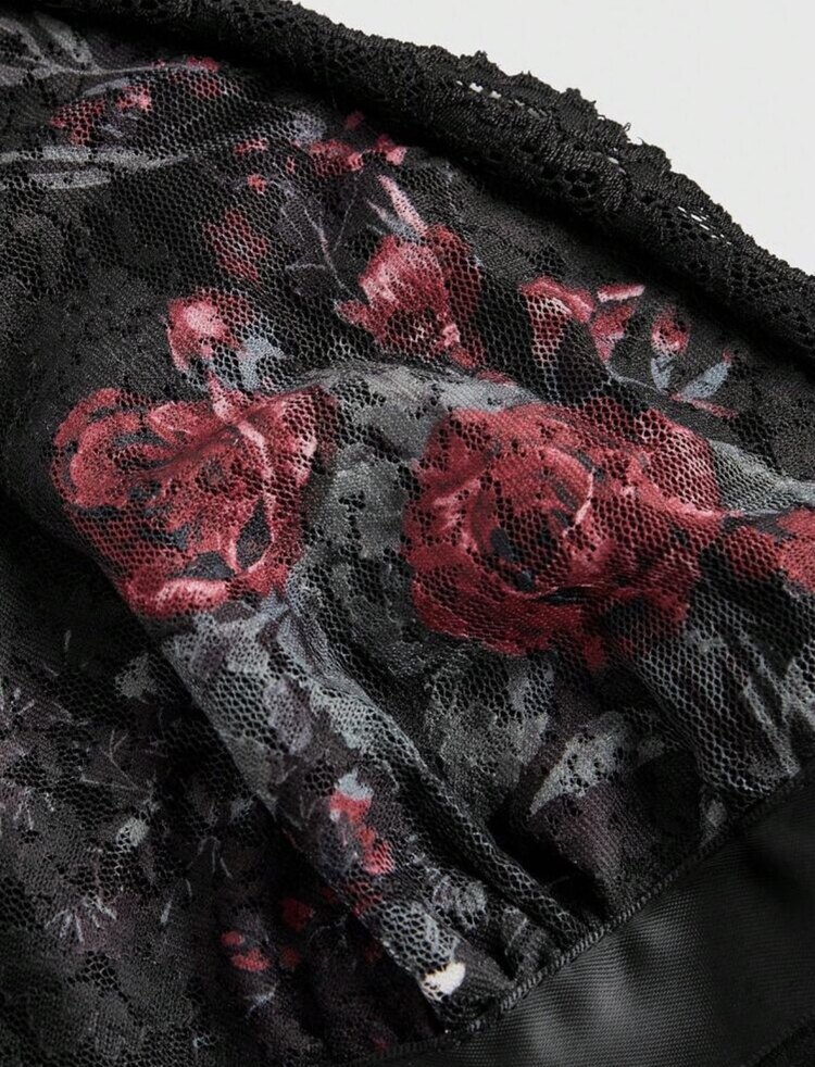 Dekolte Askılı Floral Kurdeleli Victorian Bluz - Siyah