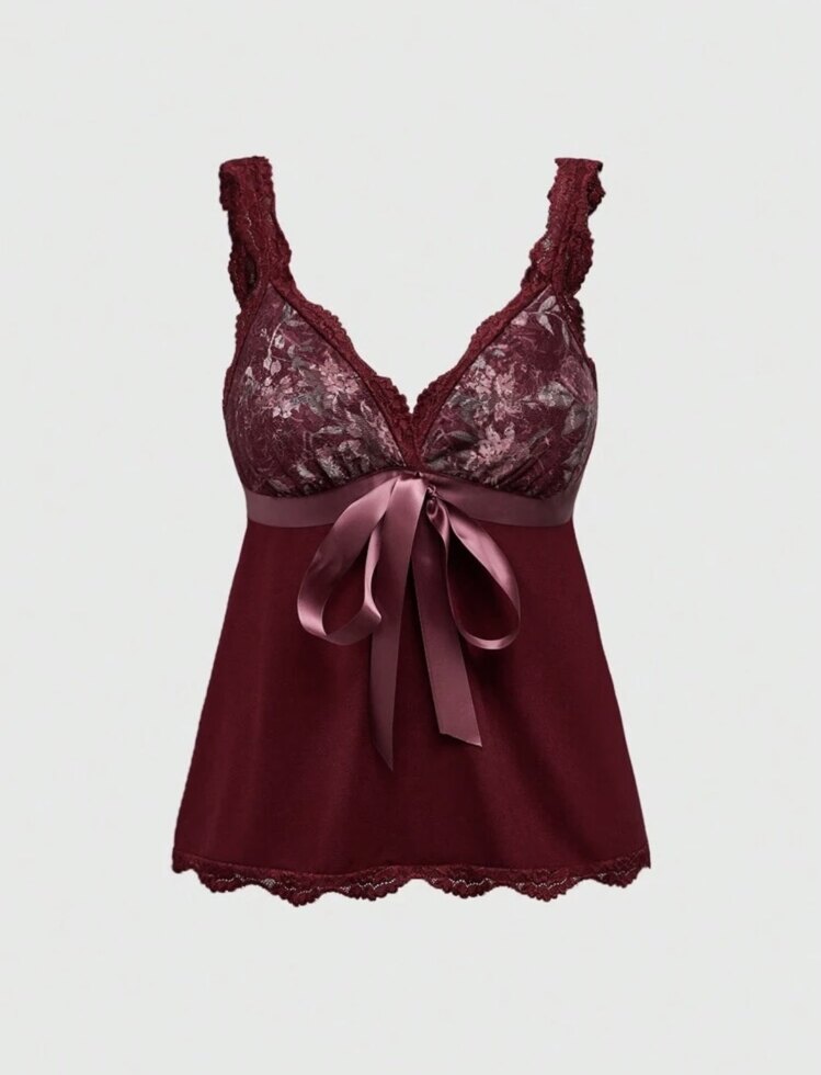 Dekolte Askılı Floral Kurdeleli Victorian Bluz - Kırmızı