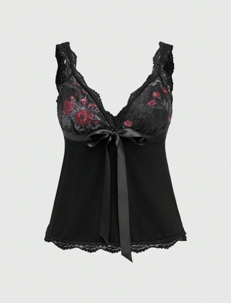 Dekolte Askılı Floral Kurdeleli Victorian Bluz - Siyah