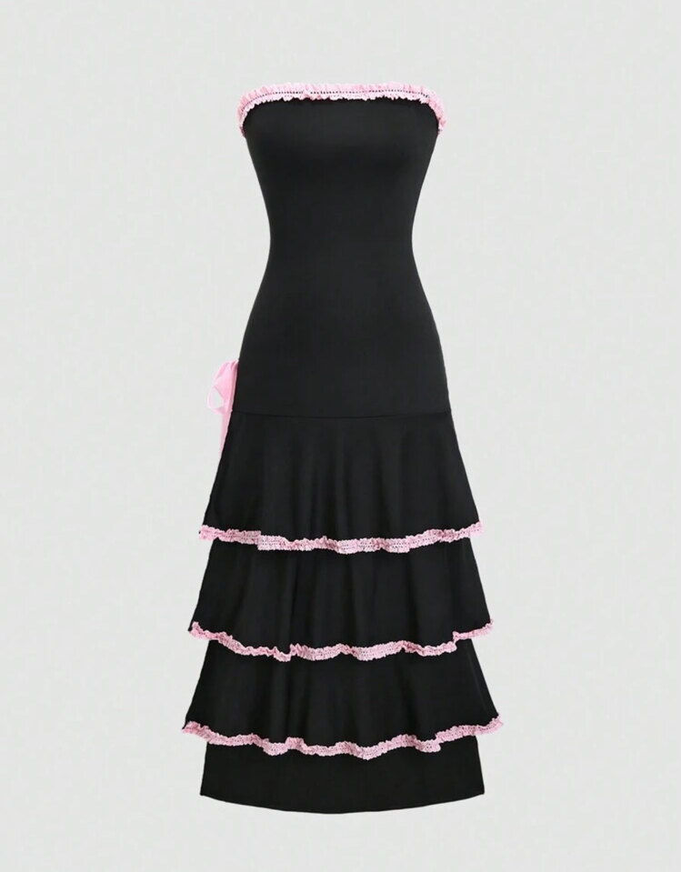 Siyah Pembe Fiyonk Detaylı  Strapless Katlı Elbise