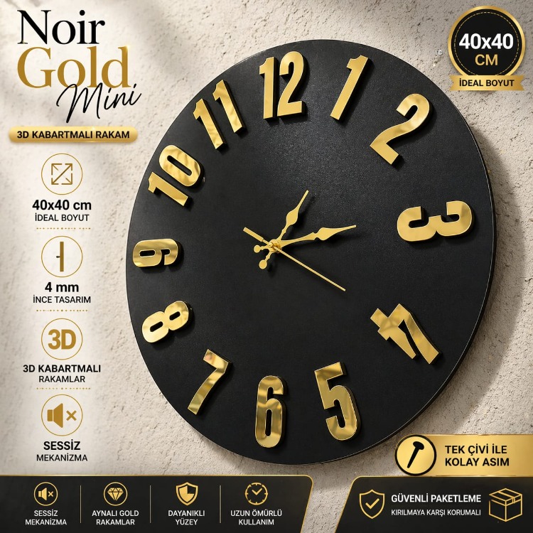 Noir Gold Mini – 40x40 cm 3D Gold Aynalı Siyah Duvar Saati