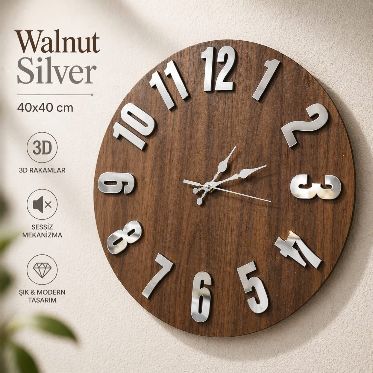 Walnut Silver – Ceviz Gümüş Aynalı Duvar Saati 40x40 cm, 3D Kabartmalı