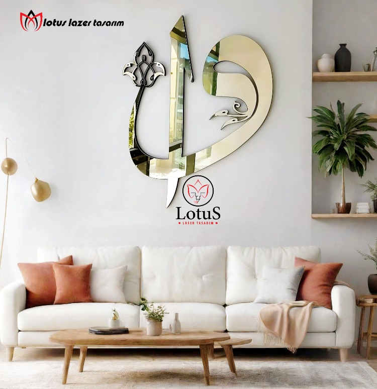 Vav Elif Aynalı Pleksi Duvar Dekoru – Gümüş Modern İslami Tasarım – 50 / 60 / 70 cm