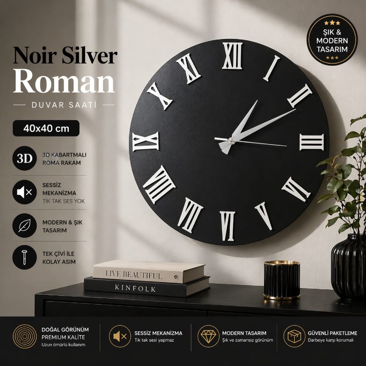Noir Silver Roman – 40x40 cm Siyah Beyaz Roma Rakamlı Duvar Saati | 3D Kabartmalı
