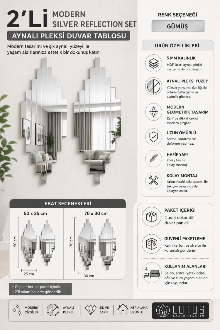 2’li Modern Silver Reflection Set Aynalı Pleksi Duvar Tablosu
