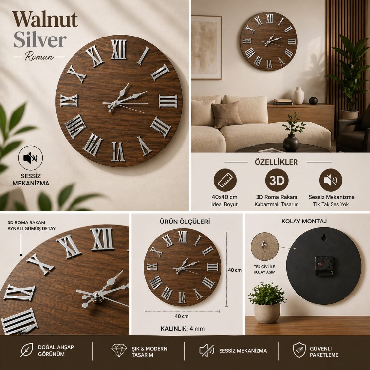 Walnut Silver Roman –Ceviz & Gümüş Aynalı Roma Rakamlı Duvar Saati 40x40 cm