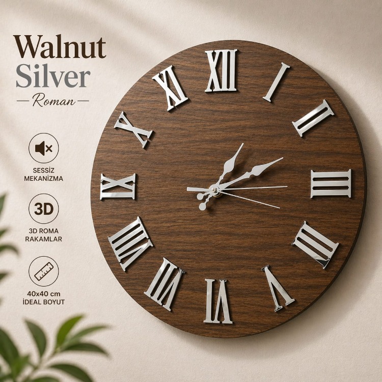 Walnut Silver Roman –Ceviz & Gümüş Aynalı Roma Rakamlı Duvar Saati 40x40 cm