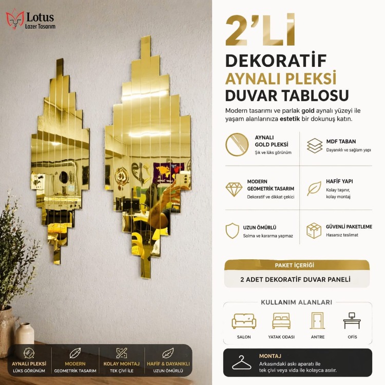 2’li Modern Gold Reflection Set Aynalı Pleksi Duvar Tablosu Lüks Gold Dekoratif Panel