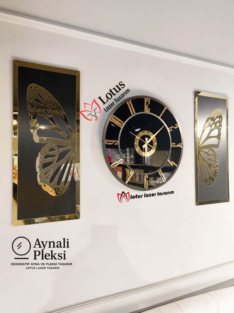 3’lü Aynalı Pleksi Duvar Saati Seti – Gold Siyah Kelebek Dekoratif Tablo Seti