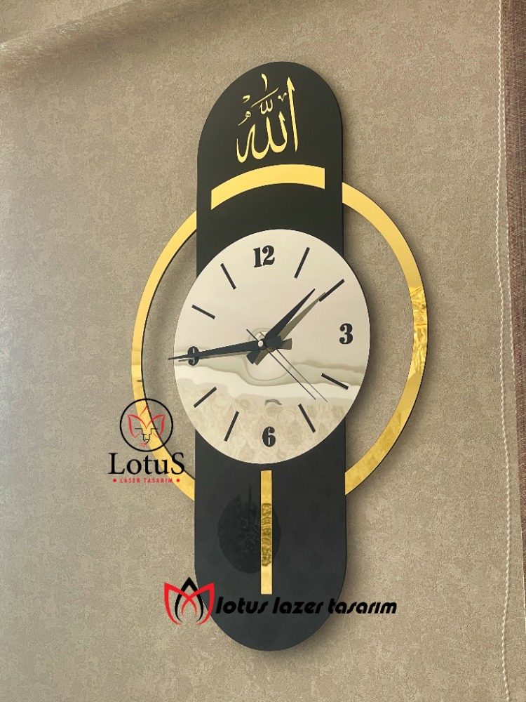 “Allah (c.c.)” Lafzı Yazılı Dekoratif Duvar Saati | Aynalı Pleksi Modern Dini Saat