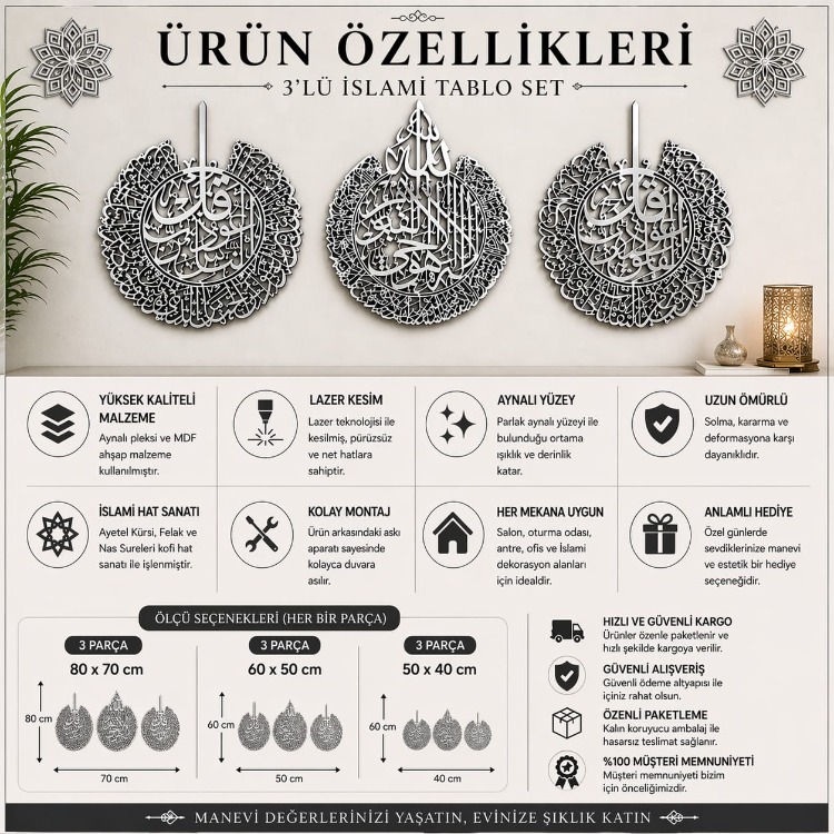 Ayetel Kürsi & Felak-Nas Sureleri Kufi 3’lü Tablo Seti 