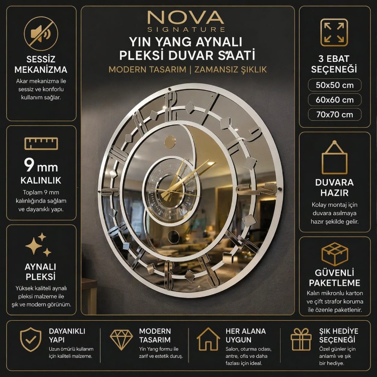 Nova Signature Yin Yang Gümüş Aynalı Pleksi Duvar Saati