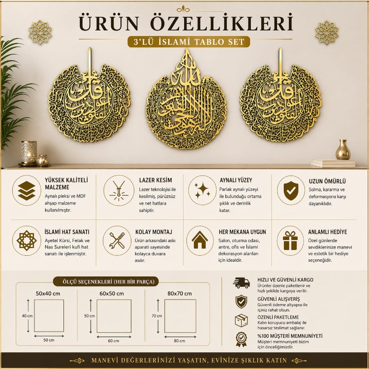 Ayetel Kürsi & Felak-Nas Sureleri Kufi 3’lü Tablo Seti
