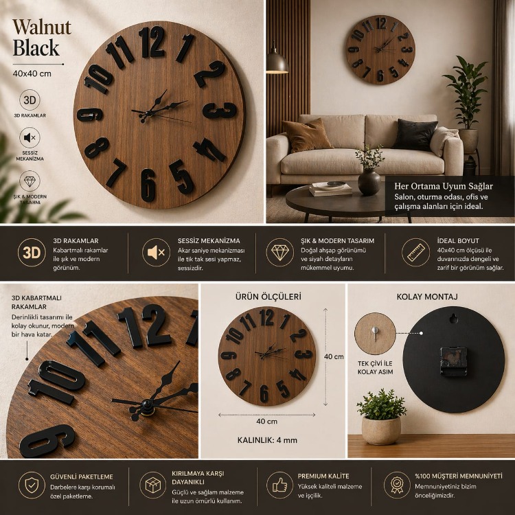 Walnut Black – Ceviz Siyah Aynalı Duvar Saati 40x40 cm, 3D Kabartmalı
