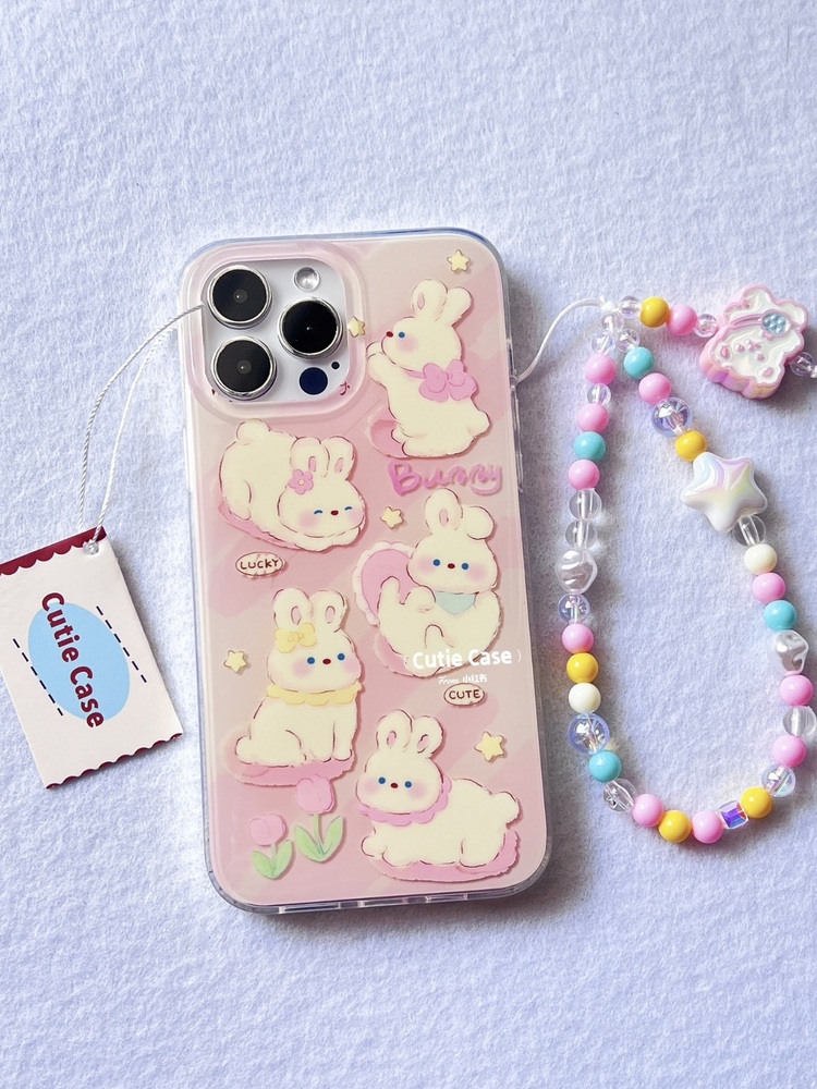 Pembe Lale Tavşan Çiçek Desenli ip Kılıf + Charm