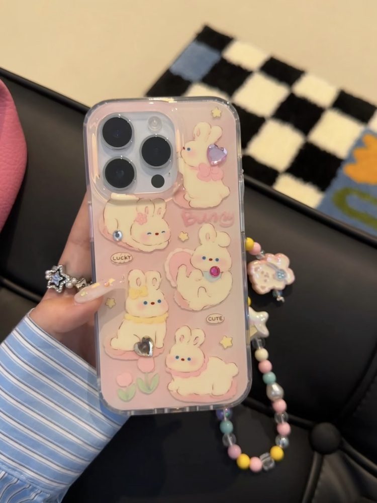 Pembe Lale Tavşan Çiçek Desenli ip Kılıf + Charm