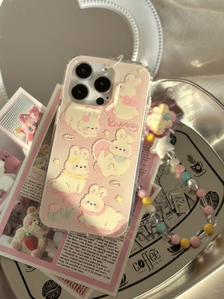 Pembe Lale Tavşan Çiçek Desenli ip Kılıf + Charm
