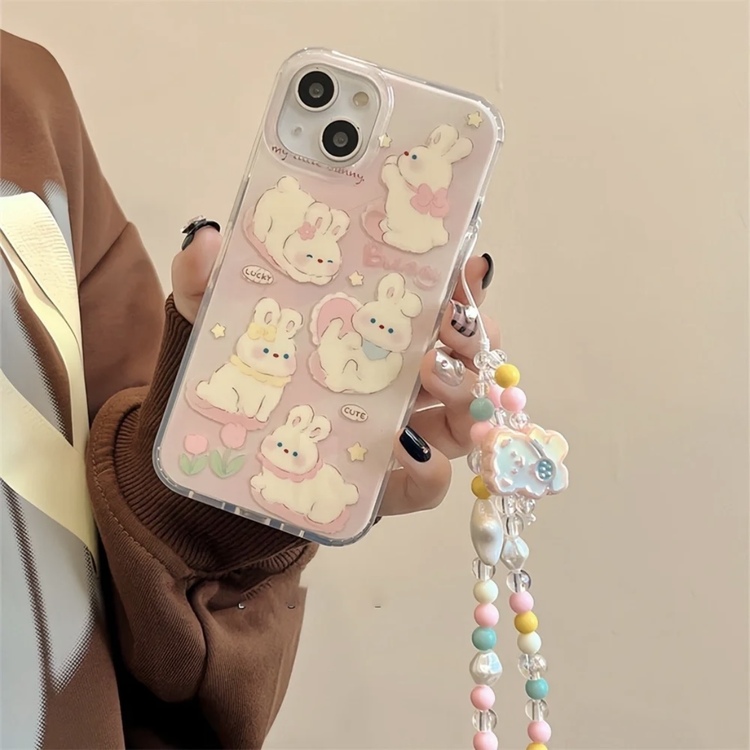 Pembe Lale Tavşan Çiçek Desenli ip Kılıf + Charm