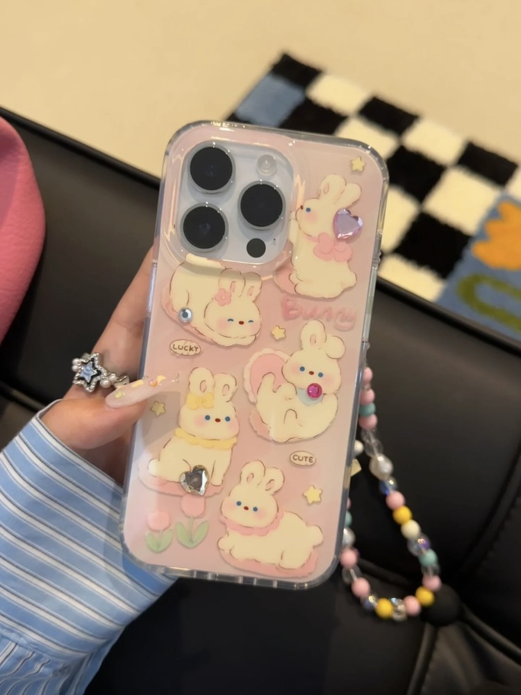Pembe Lale Tavşan Çiçek Desenli ip Kılıf + Charm
