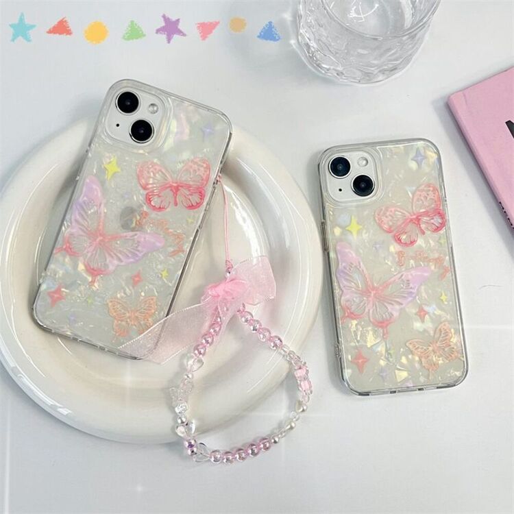 Kelebek Desenli Hologram Kılıf + Charm ip 12/12 Pro