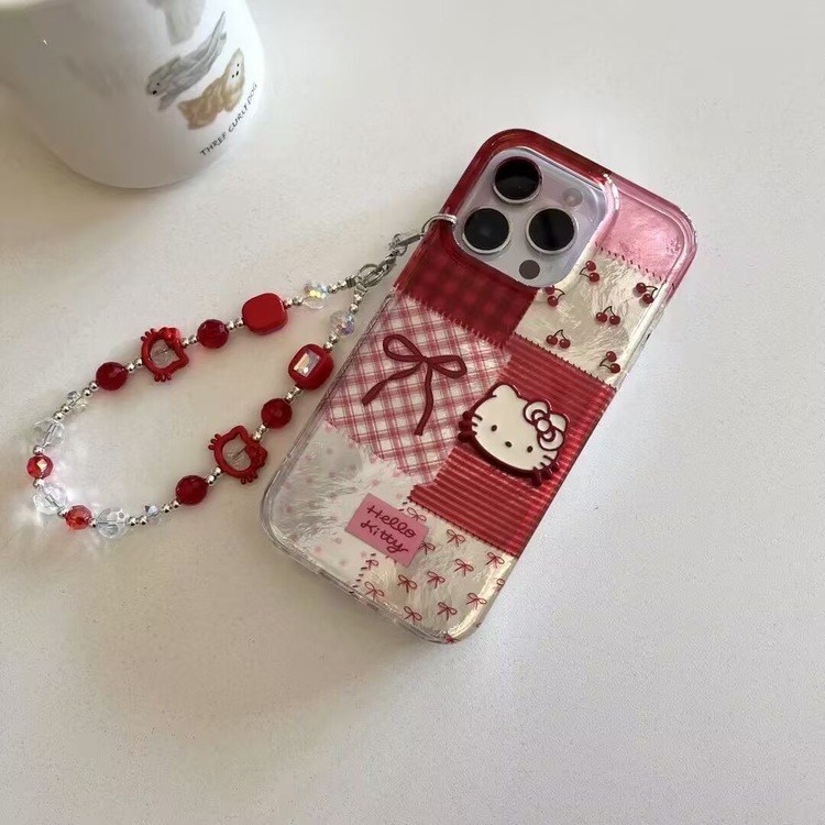 Kırmızı Hello Kitty Telefon Kılıfı Boncuklu Zincirli – Sevimli iPhone Kapağı