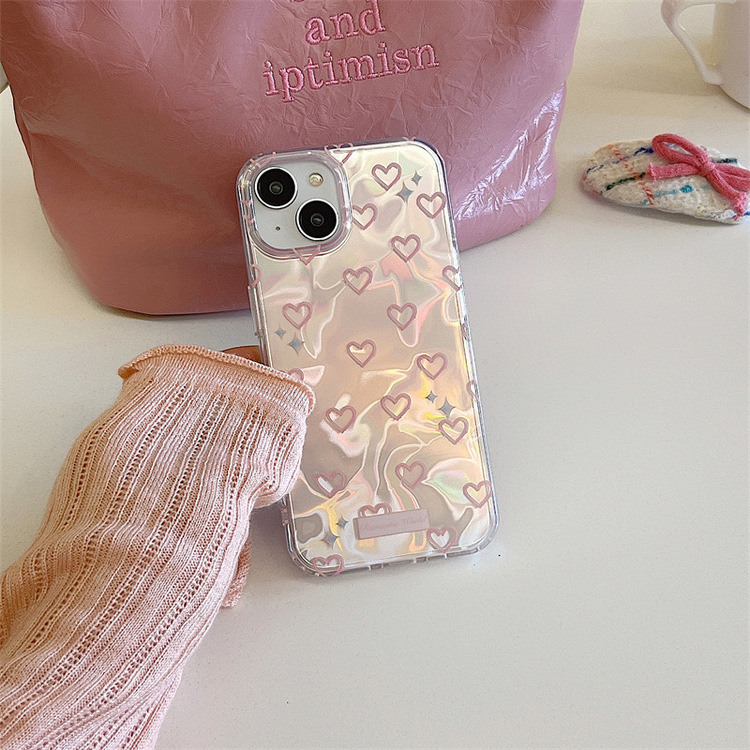 Hologram Kalp Desenli Kilif + Pompom Charm