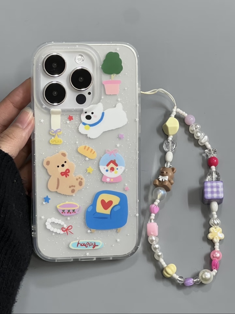 Çift Katmanlı Çiçek Desenli Yarı Şeffaf Hayvan Figürlü Kilif + Charm