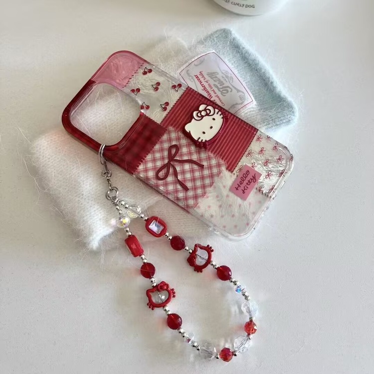 Kırmızı Hello Kitty Telefon Kılıfı Boncuklu Zincirli – Sevimli iPhone Kapağı