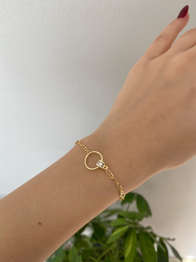 Halka Detaylı Zirkon Taşlı Çelik Bileklik - Gold