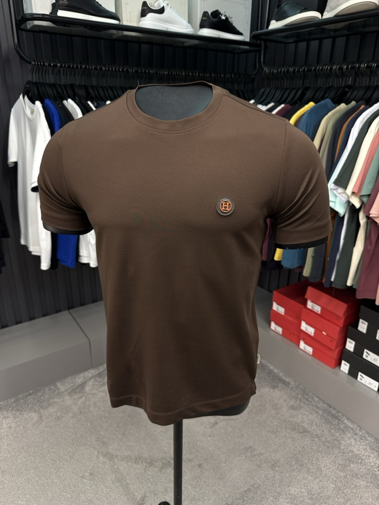 İthal Hermes T-shirt  Kırışmayan Kumaş (15054-Kahverengi)