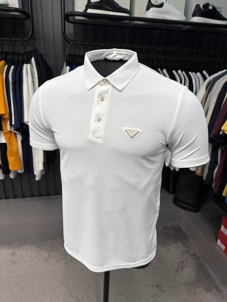 İthal Prada Polo Yaka  Kırışmayan Kumaş (10072-Beyaz)