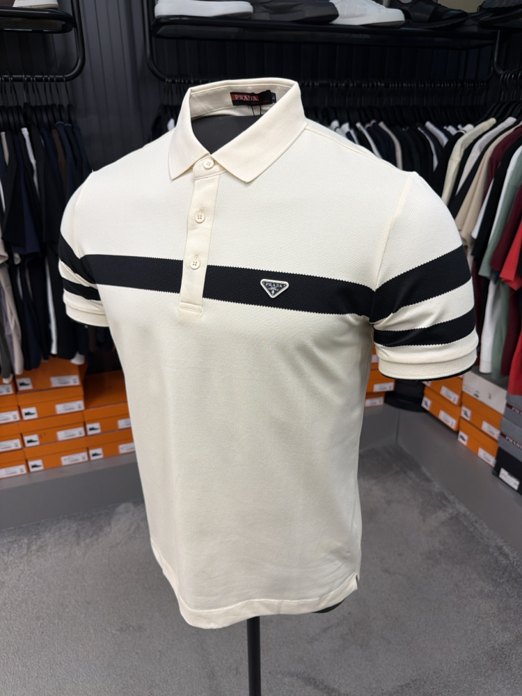 İthal Prada Polo Yaka Kırışmayan Kumaş (6956-Ekru)