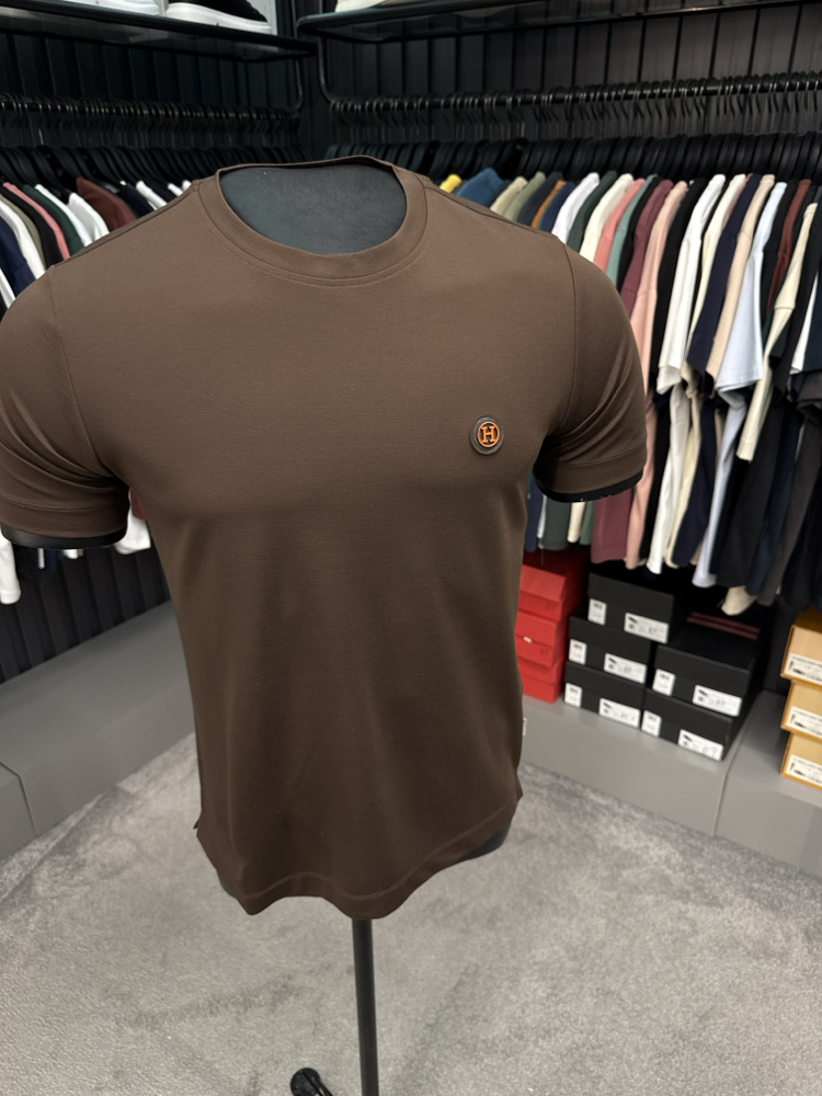 İthal Hermes T-shirt  Kırışmayan Kumaş (15054-Kahverengi)