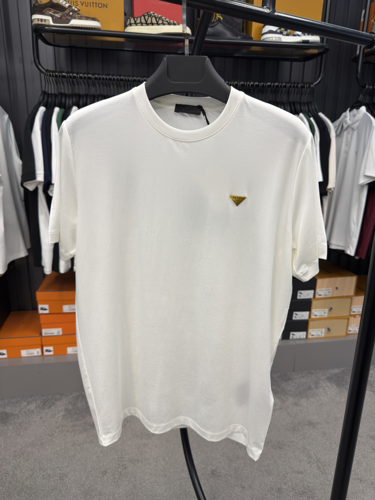 İthal Prada Gold Logo T-shirt Kırışmayan Kumaş (9426-Beyaz)