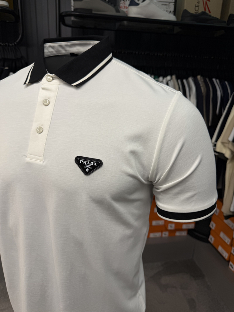 İthal Prada Polo Yaka  Kırışmayan Kumaş (10088-Beyaz)
