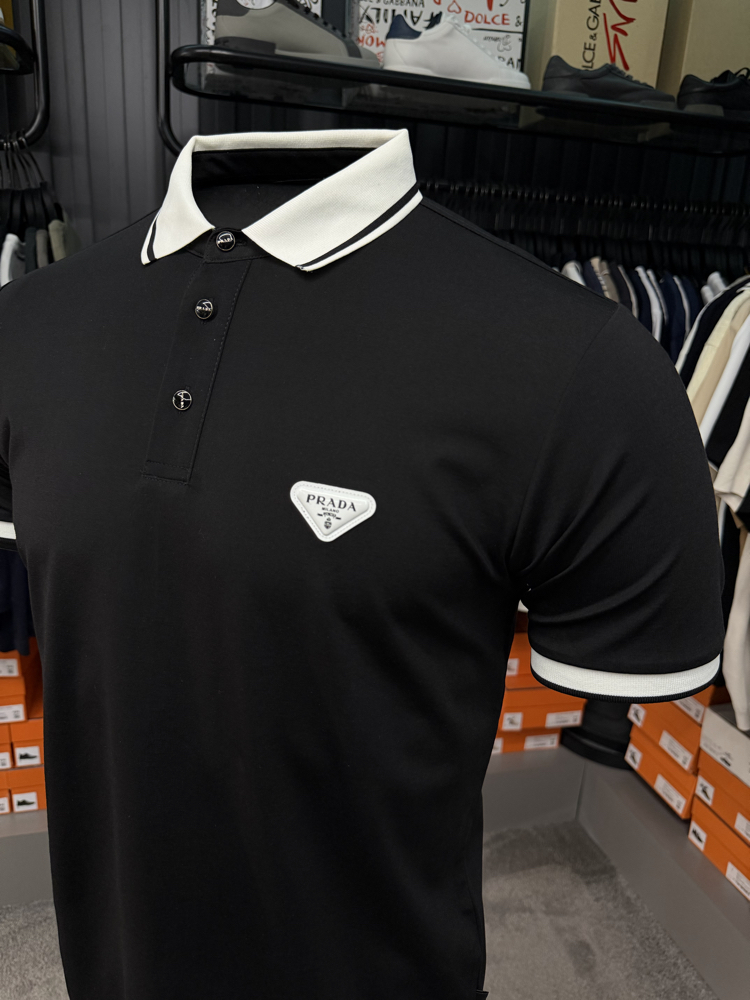 İthal Prada Polo Yaka  Kırışmayan Kumaş (10088-Siyah)