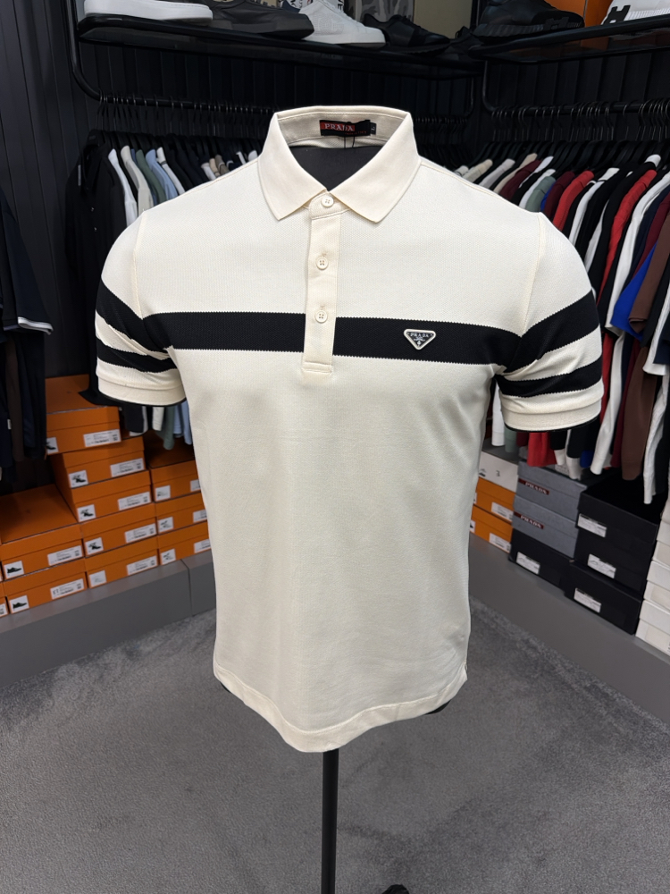İthal Prada Polo Yaka Kırışmayan Kumaş (6956-Ekru)