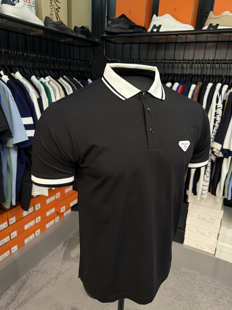 İthal Prada Polo Yaka  Kırışmayan Kumaş (10088-Siyah)
