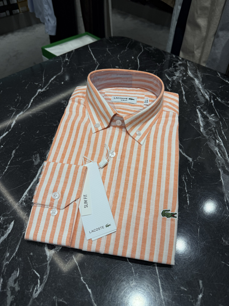 Premium Çizgili Ham Keten Gömlek (534-Turuncu)
