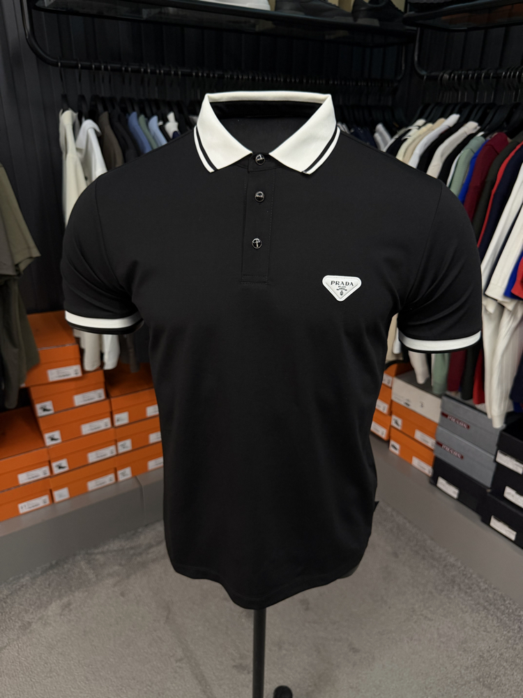 İthal Prada Polo Yaka  Kırışmayan Kumaş (10088-Siyah)