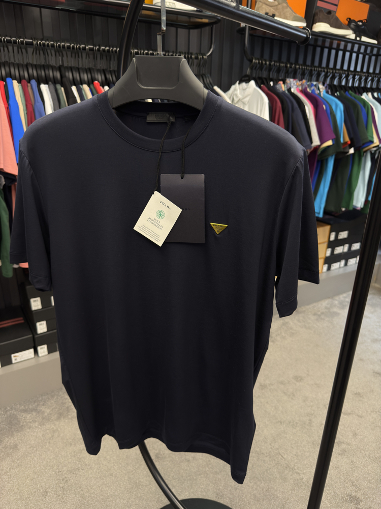 İthal Prada Gold Logo T-shirt Kırışmayan Kumaş (9426-Lacivert)