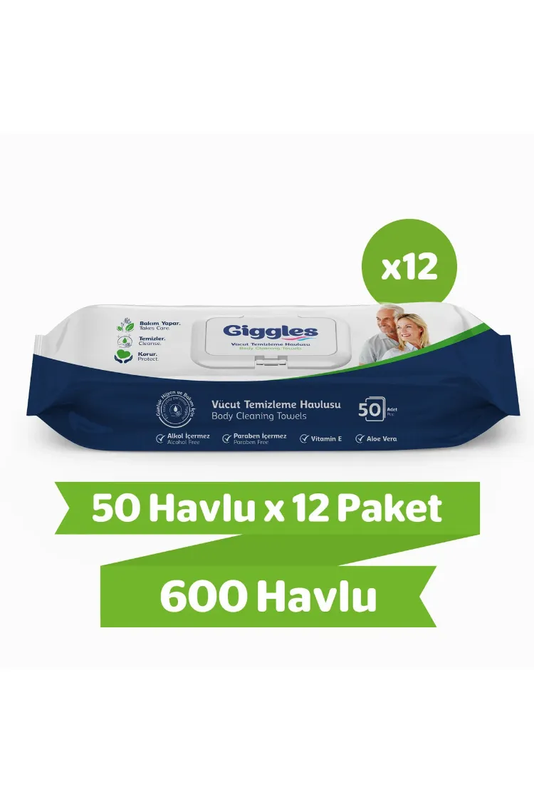giggles Vücut Temizleme Havlusu 50'li 12 Paket 600 Havlu