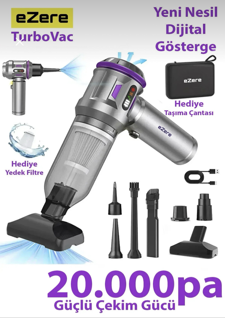 TurboVac 20000pa Güçlü Dijital Göstergeli Vakumlu Kablosuz Üflemeli Mini Araç Süpürgesi