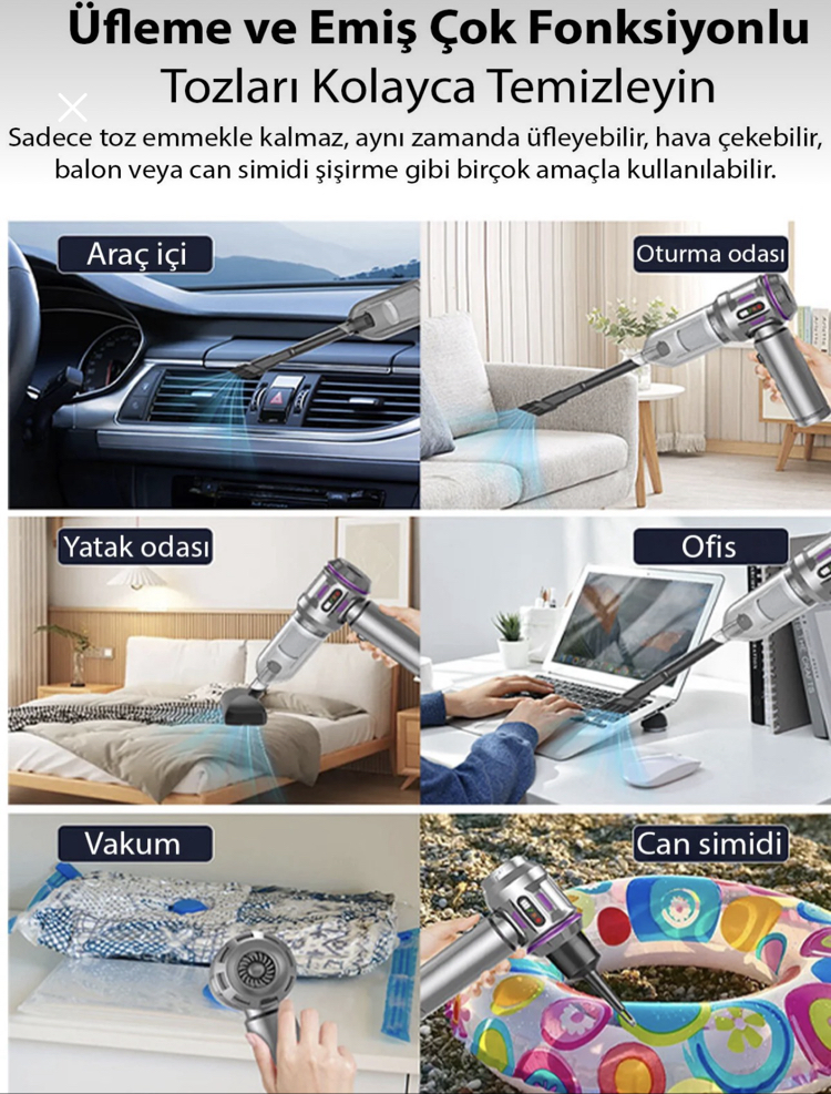 TurboVac 20000pa Güçlü Dijital Göstergeli Vakumlu Kablosuz Üflemeli Mini Araç Süpürgesi