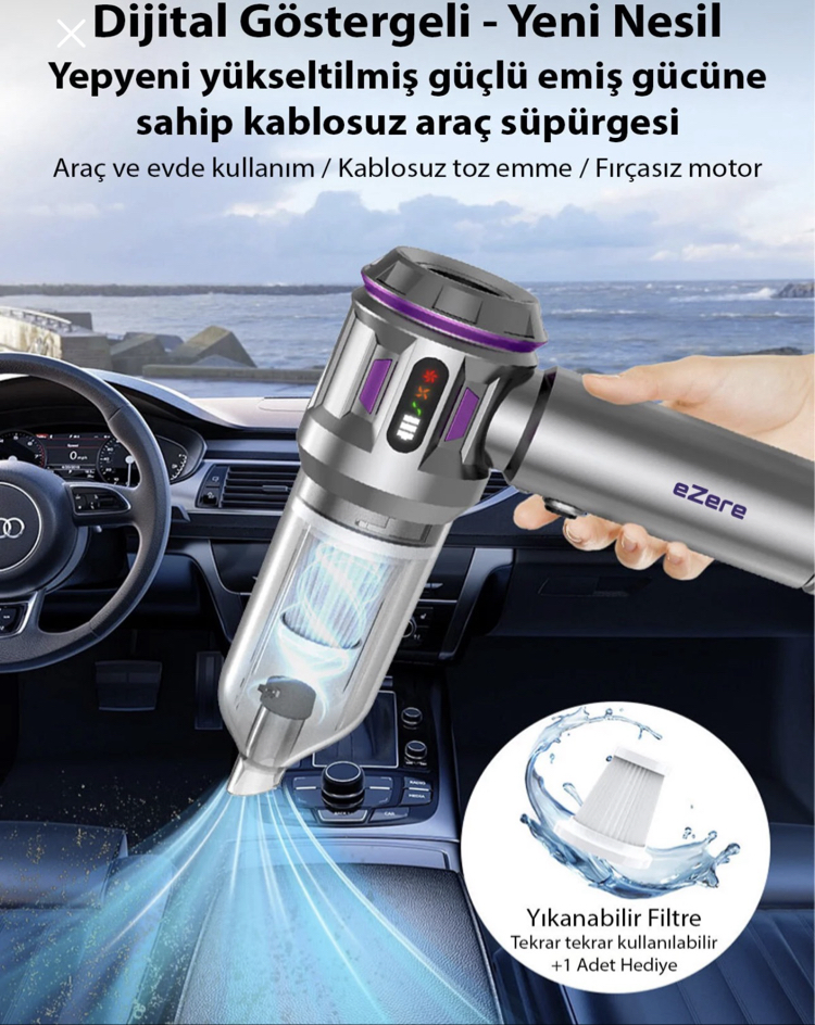 TurboVac 20000pa Güçlü Dijital Göstergeli Vakumlu Kablosuz Üflemeli Mini Araç Süpürgesi