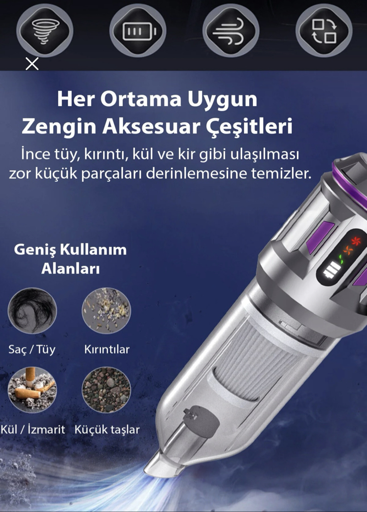 TurboVac 20000pa Güçlü Dijital Göstergeli Vakumlu Kablosuz Üflemeli Mini Araç Süpürgesi