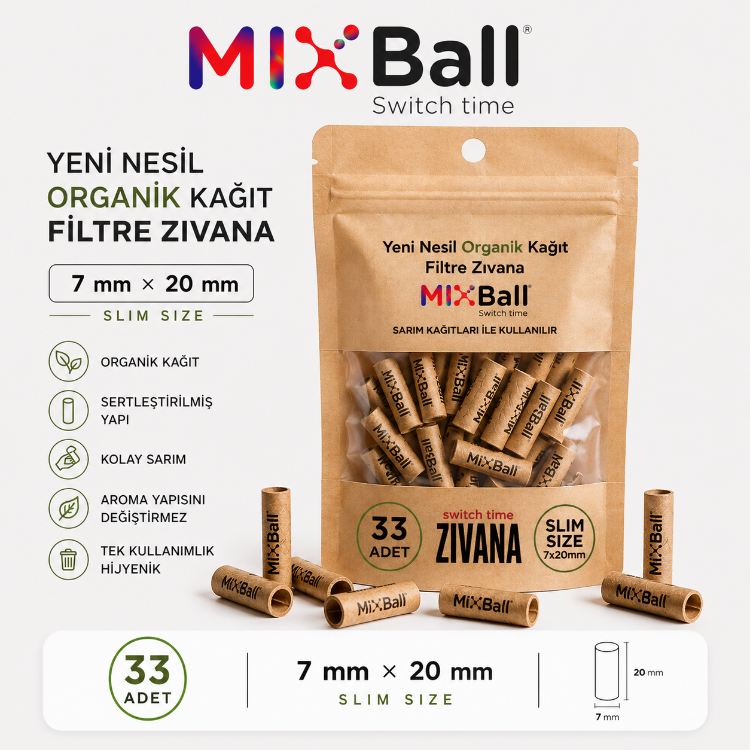 33 Adet Mixball Organik Kağıt Filtre 8 mm × 20 mm – Slim Seri (Sertleştirilmiş)